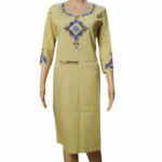 HAND EMBROIDERY PURE COTTON KNEE LINE U-NECK BEIGE COLOR LONG KURTI FOR WOMEN