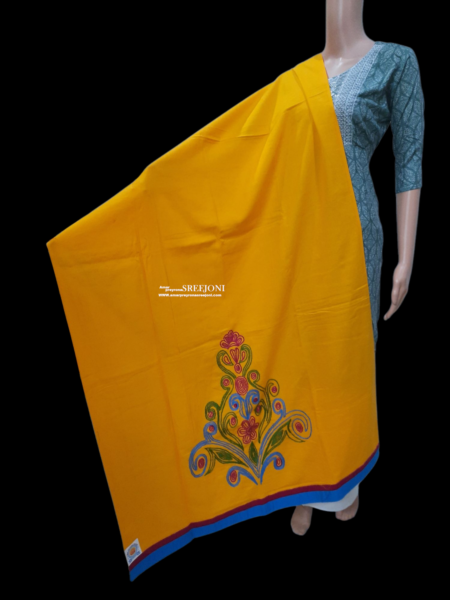 A Very Beautiful Yellow Color Hand Embroidery Pure Cotton Dupatta For Women And Girls