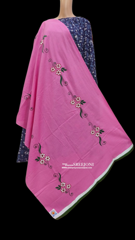 Hand Embroidery Pure Cotton Pink Color Long Dupatta For Girls And Women