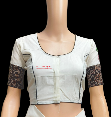 Hand Embroidery Pure Cotton White And Black Color Combination U-Neck Blouse For Women And Girls