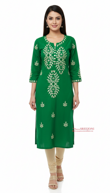 Hand Embroidery Pure Cotton Green Color Kurti Piece For Women And Girls Clothes 3 miter