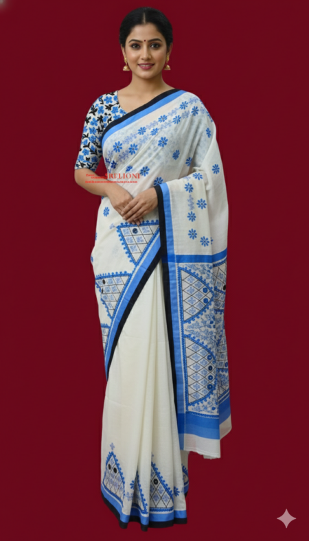 Hand Embroided Pure Kerela Cotton White And Blue Color Combination Saree With Fee Size Blouse