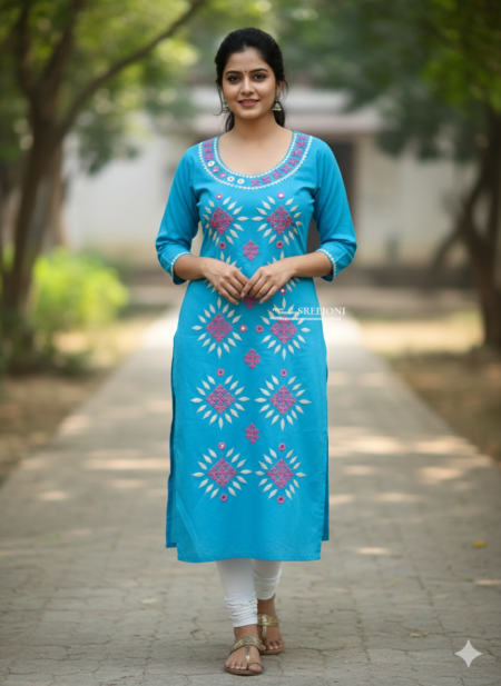 Hand Embroided Pure Cotton Blue Color round Neck Kurti Piece use For Girls