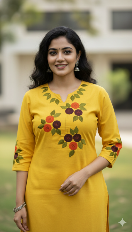 Hand Embroidery Pure Cotton Yellow Color Beautiful Kurti Piece For Women And Girls