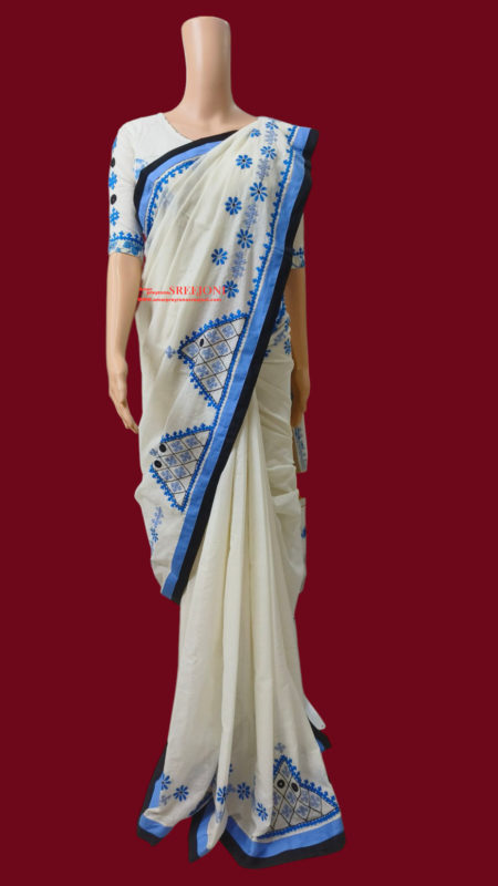 Hand Embroided Pure Kerela Cotton White And Blue Color Combination Saree With Fee Size Blouse