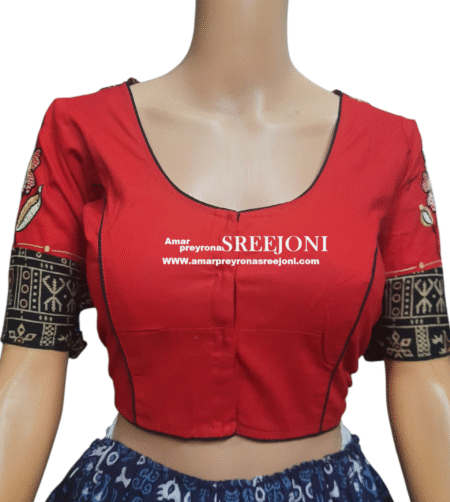 Amar preyrona Sreejoni Hand Embroidred Pure Cotton red color u-Neck Blouse For Girls And Womens