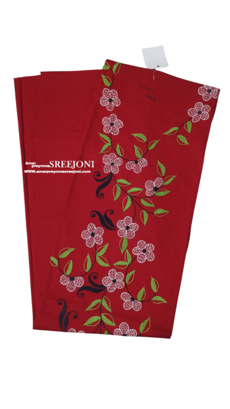 Hand Embroided Pure Cotton cherry Red Color Kurti Piece (2.5 miter)
