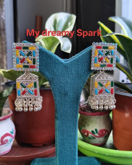multicolored square stone studded oxidise jhumka earrings for girls and women