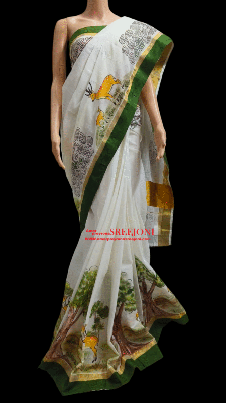 Hand Painted Pure Kerela Cotton Febric Work green, Orange White And Black Color Combination Saree Use For Girls And Womens