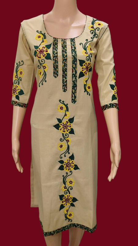 Hand embroidery pure Cotton Knee leanth u- neck beige color kurti