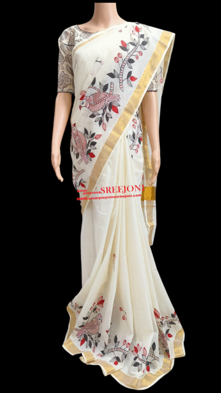 Hand Painted Pure Kerela Cotton Febric Work Off White Color Beautiful Saree