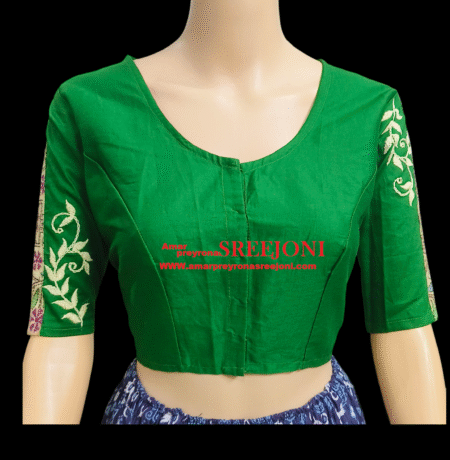 Hand Embroidery Pure Cotton Green Color U-neck Designing Blouse Use For Girls And Womens