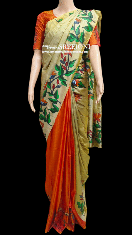 Hand Painted Pure Bishnupuri Silk Orange and Beige Color Combination Saree