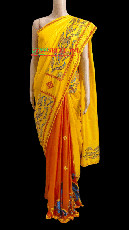 Hand Embroidery And Hand Painted Pure Bishnupuri Silk Orange And Yellow Color Combination Saree
