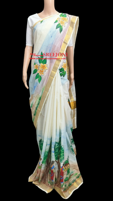 Hand Painted Pure Kerela Cotton Off White Color Saree use for girls And Womens