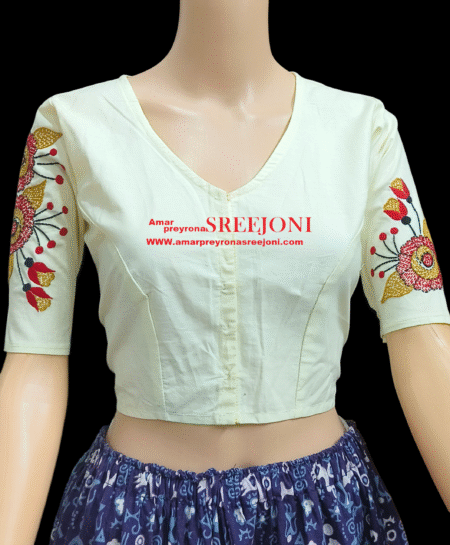 Hand Embroidery Pure Cotton Off white Color V-Neck Font Hook Beautiful Blouse