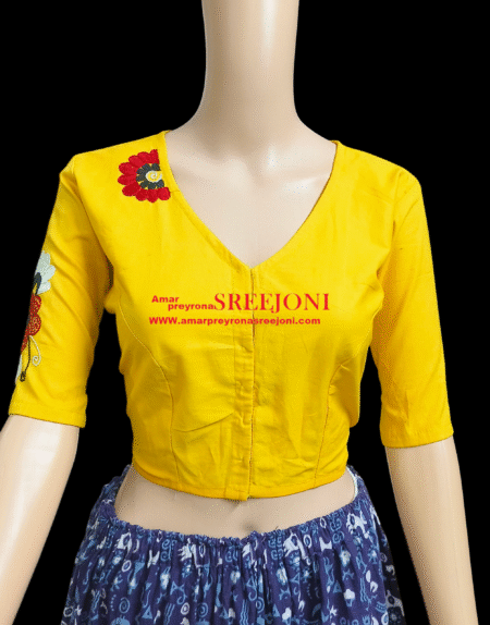 hand embroidery pure cotton yellow color v-neck blouse