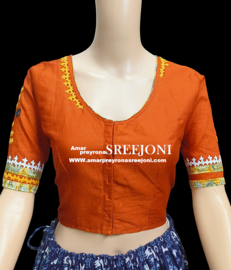 Hand Embroidery Pure Cotton U-neck Front Hook Dark Orange Color Blouse Use For girls And WOMEN