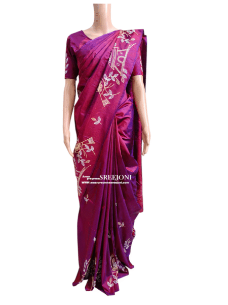 Hand Embroided Pure Bishnupuri Silk Dualtone Fabric Work Saree Use For Women And Girls