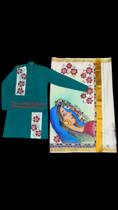 Hand Painted Pure Kerala Cotton Saree And Pure Cotton Punjabi Febric Work Combo Set