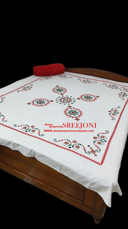 Hand Embroided Pure Cotton White Color Gujrati Work Double Bed Sheet Without Pillow Covers