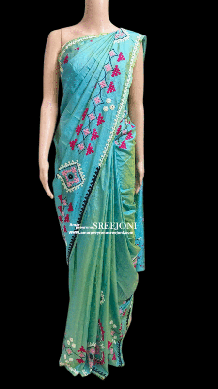 Gujrati Work Pure BishnuPuri Silk Hand Embroided DuelTone Saree Usable For Women And Girls