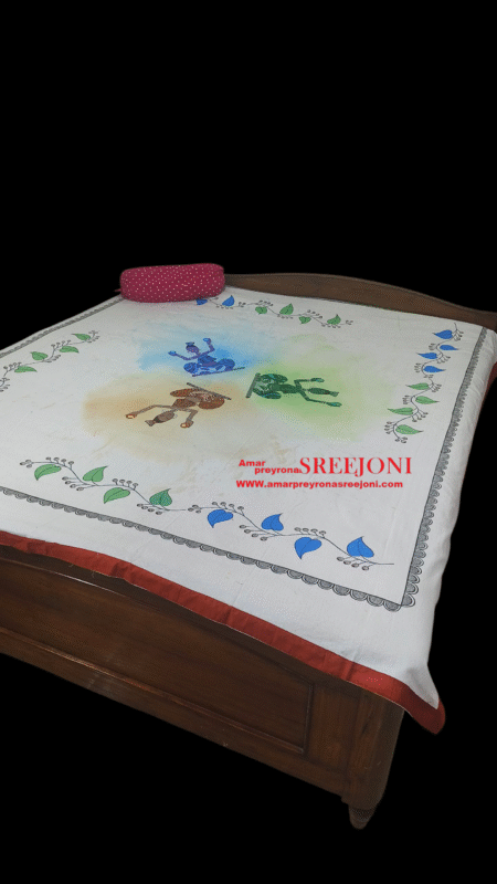 Hand painted Pure Cotton Fabric Work White Color Double Bedsheet without pillow cover