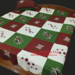 Hand embroided Pure Cotton Maroon, White, And Green Combination King Size Double Bed Sheet With 2pillow Cover