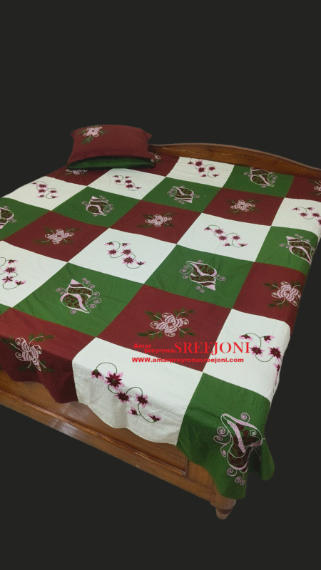 Hand embroided Pure Cotton Maroon, White, And Green Combination King Size Double Bed Sheet With 2pillow Cover