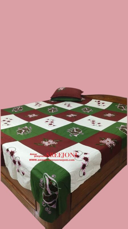 Hand embroided Pure Cotton Maroon, White, And Green Combination King Size Double Bed Sheet With 2pillow Cover