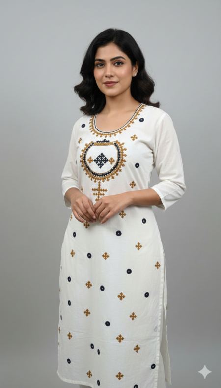 A Very beautiful Hand Embroided Pure cotton Gujrati Work Off White Color 3miter's Kurti Piece Usable For Women And Girls