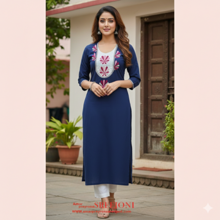 Embroided pure cotton 2.5 miter Navy blue color kurti piece usable for women and girls