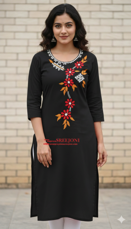 Pure cotton Hand embroided soft and breathable daily wear & Office use BLACK Color Designer unstitched material Kurti piece 2.5 miter