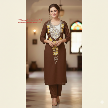 Hand Embroided Pure cotton dark Maroon Color Short Kurti Piece Fabric 2.5 miters