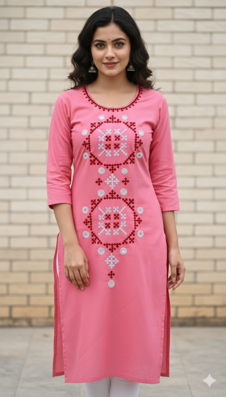 Pure cotton Hand embroided soft and breathable daily wear & Office use Pink Color Designer unstitched material Kurti piece 3 miter