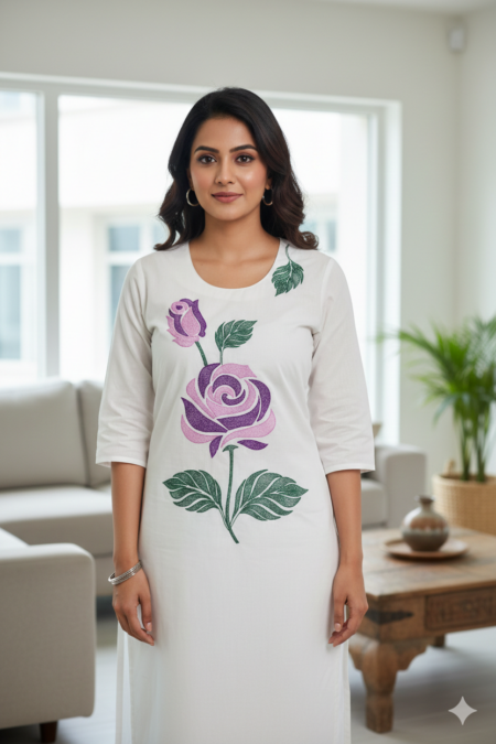 pure cotton hand embroided white color kurti fabric soft and breathable daily ware & office use rose designer unstitched material 3miter