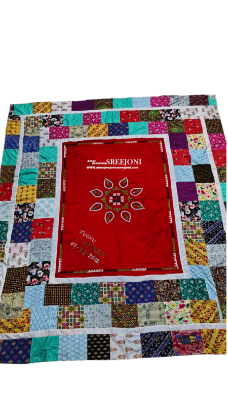 hand embroided and fabric work pure cotton both side usable double bed size multicolor long kantha